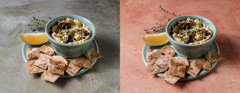 Side-by-side comparison of hummus bowl with crackers and lemon on different colored surfaces.