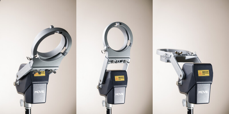 Three views of a studio flash head with adjustable reflector ring and mounting bracket against a neutral background.