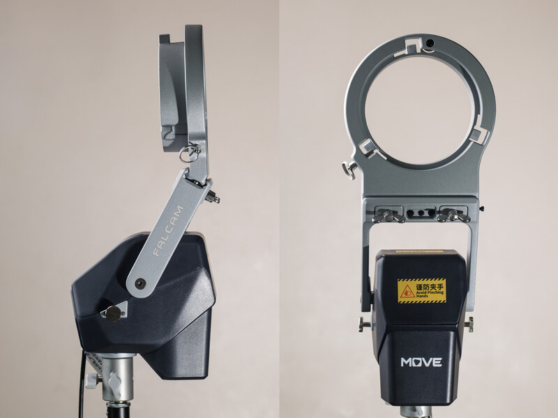 Two views of a camera light modifier showing the mounting bracket and reflector assembly from different angles.