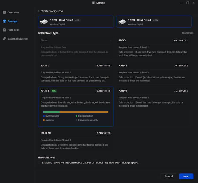Screenshot of storage management interface showing hard drive capacity and RAID configuration options.
