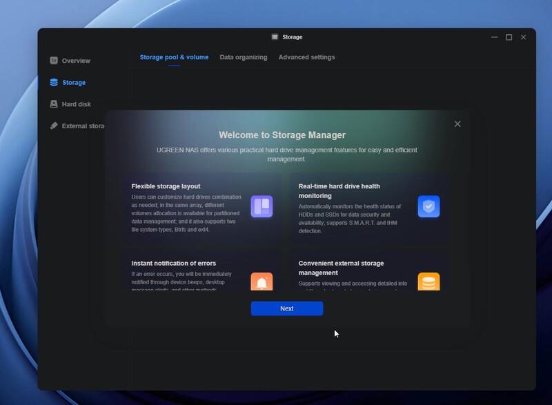 Screenshot of Storage Manager welcome screen with feature overview cards and Next button.