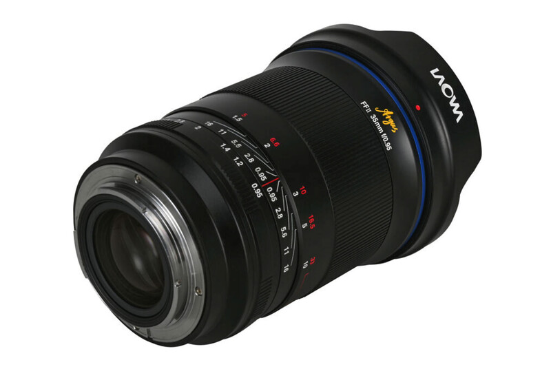 Black telephoto lens with blue ring accent and rear mount cap visible against white background.