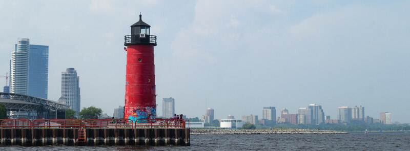 Photograph of a red lighthouse in Milwaukee, Wisconsin