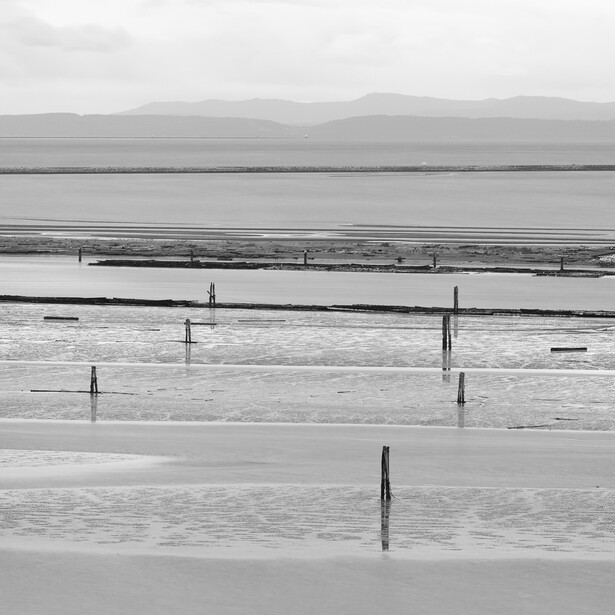 Black and white photo of water and mountains in Vancouver, BC