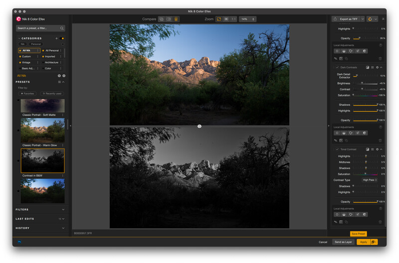 Screenshot of photo editing software displaying before-and-after comparison of desert landscape with rocky mountains.