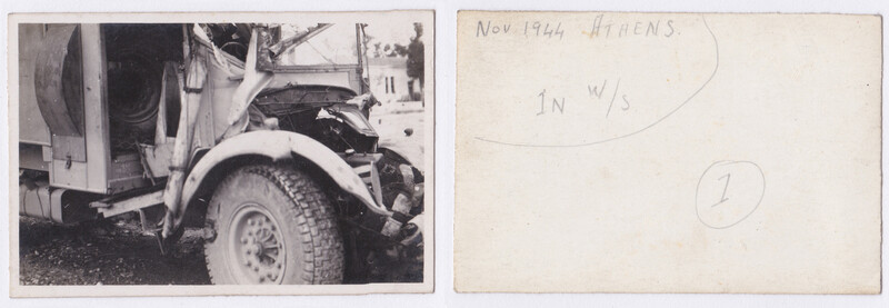 Damaged vehicle with crushed hood and fender, photographed in black and white.