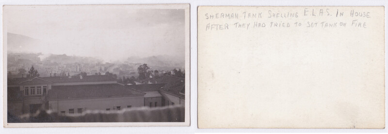 Black and white photograph of a residential neighborhood with buildings and mountains in hazy background.