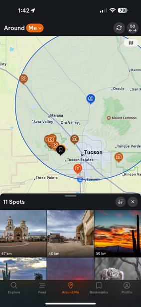 Screenshot of a location-based photography app showing a map with photo markers and a grid of landscape images below.