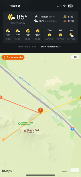 Screenshot of weather app showing 85°F forecast with map interface displaying location pins and routes.