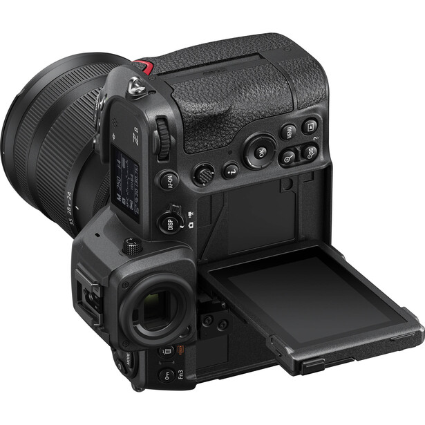 Professional cinema camera with articulating screen displayed in three-quarter view against white background.