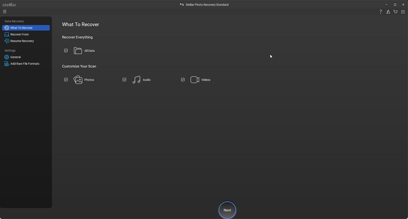 Screenshot of Stellar Photo Recovery software showing file recovery options and customization settings.
