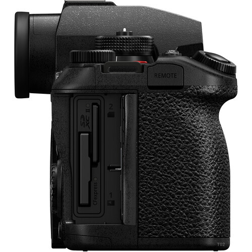 Black mirrorless camera body shown from the right side angle, displaying textured grip and side panels.