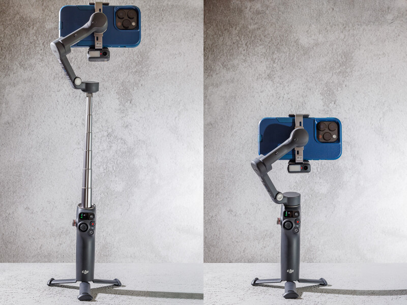 Smartphone gimbal stabilizer shown in extended and collapsed positions against a concrete wall.