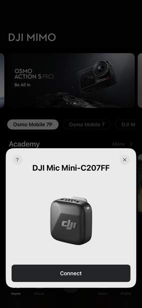 Screenshot of DJI Mimo app interface showing DJI Mic Mini-C207FF compact wireless microphone product card with Connect button.