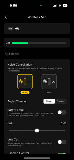 Screenshot of wireless microphone audio settings panel with noise cancellation and safety track controls.