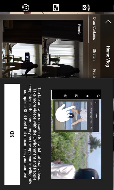 Screenshot of a mobile app interface showing video editing templates and tutorials for home vlogging content creation.