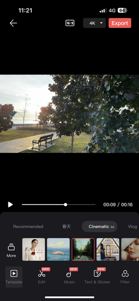 Screenshot of a video editing application showing a landscape scene with trees and an open field.