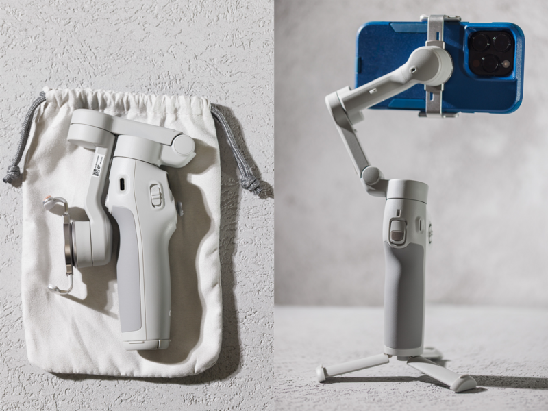 Three-axis gimbal stabilizer with smartphone mount shown disassembled in carrying pouch and fully assembled with phone attachment.
