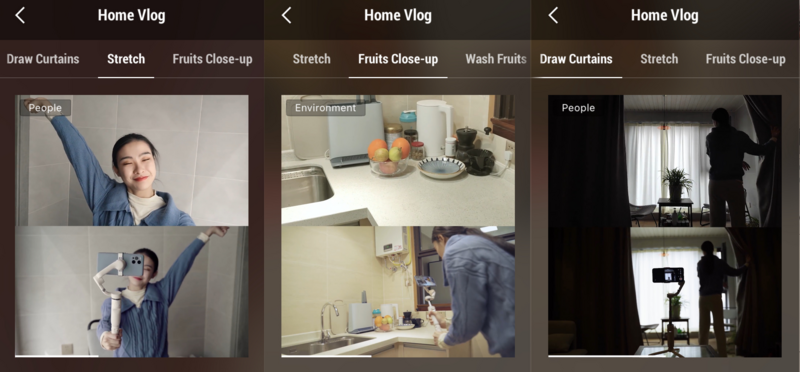 Screenshot of a Home Vlog app showing three frames from a daily routine video with categorized tabs for different activities.
