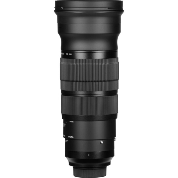 Black telephoto zoom lens with textured grip band and manual focus ring against white background.