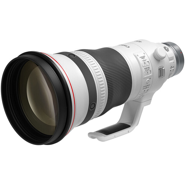 White and gray telephoto lens with red ring and large front element against white background.