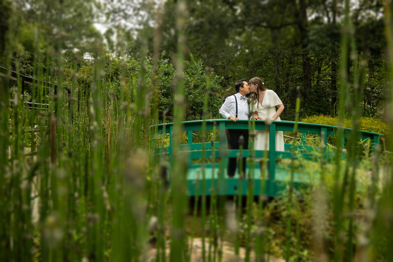 Couple kissing on a green bridge surrounded by tall green plants in soft, diffused light.