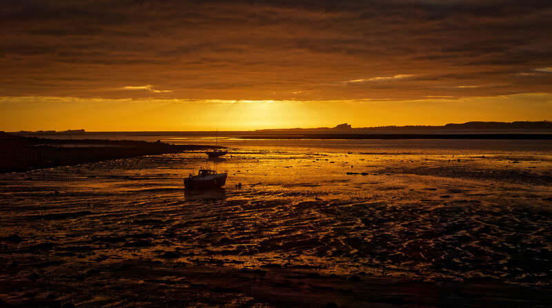 Fishing boat silhouetted against golden sunrise over tidal flats and calm water.