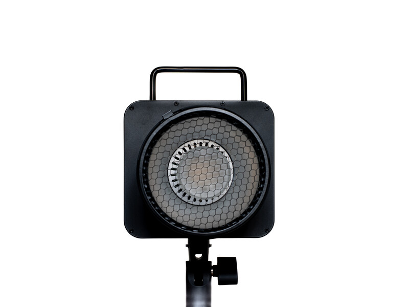 Black square LED panel light with carrying handle and adjustable stand mount.