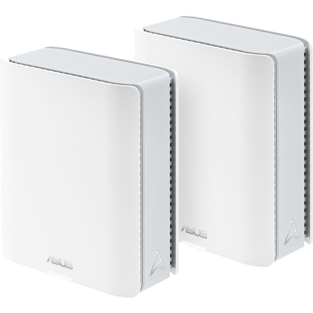 Two white rectangular mesh Wi-Fi router units positioned side by side against a white background.