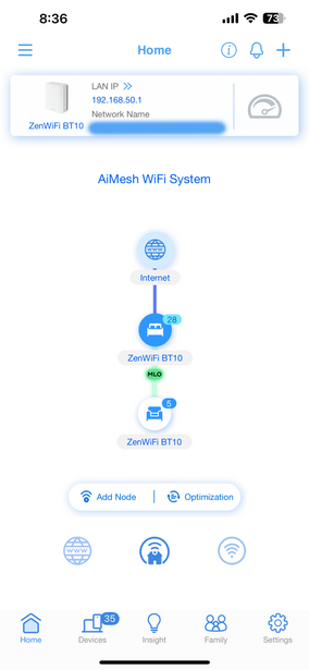 Screenshot of an Aimesh WiFi system app showing network topology with connected devices.