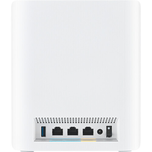 White mesh Wi-Fi router with front-facing ports and indicator lights.
