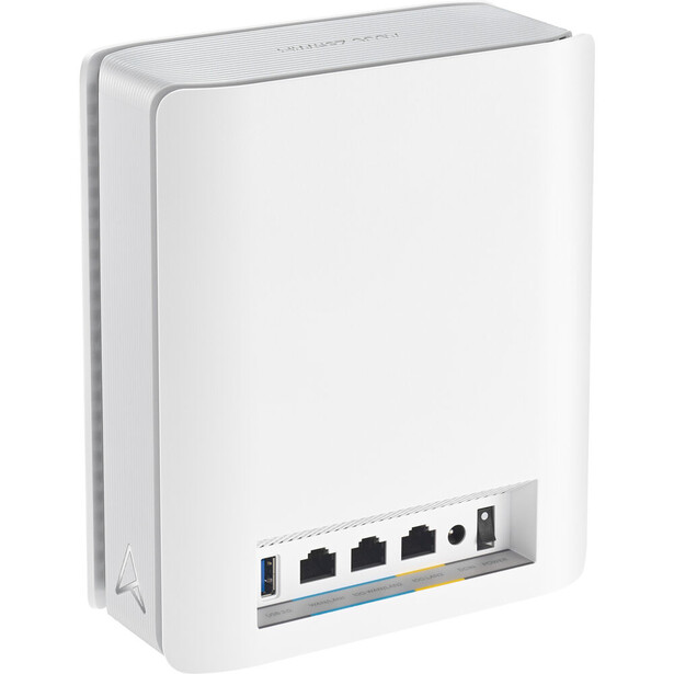 White wall-mounted mesh router with four ethernet ports and power button on front panel.