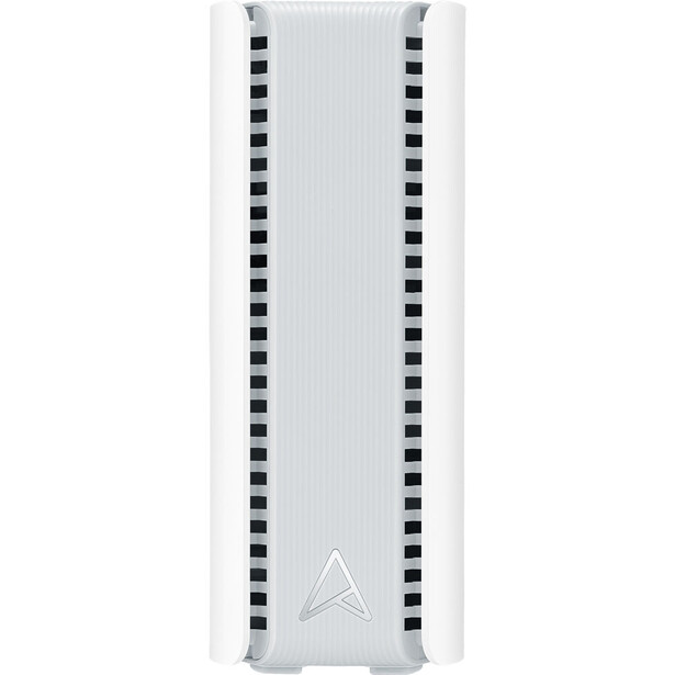 White vertical tower computer case with ventilation slots and front-facing logo emblem.