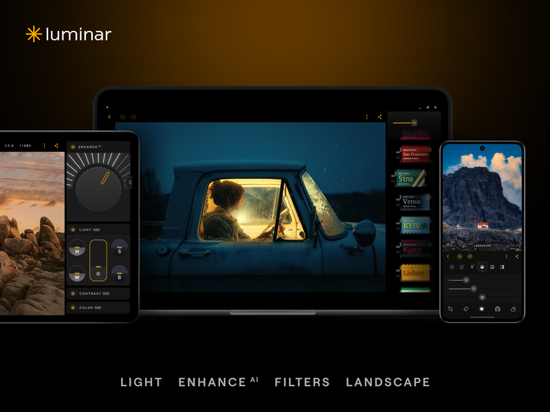 Screenshot of Luminar photo editing software displaying light, enhance, filters, and landscape editing tools across desktop and mobile interfaces.