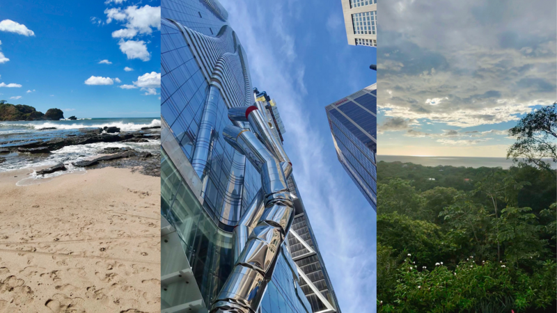 Triptych of landscape photographs showing coastal beach, modern skyscraper, and forested vista.