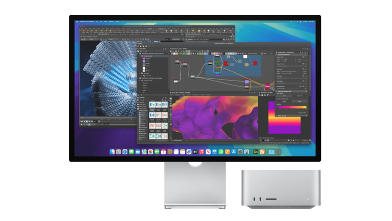 Desktop setup showing Mac mini next to external display with 3D rendering and color grading software open.