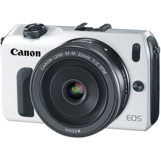 Canon EOS M mirrorless camera in white with EF-M 22mm f/2 STM lens attached.