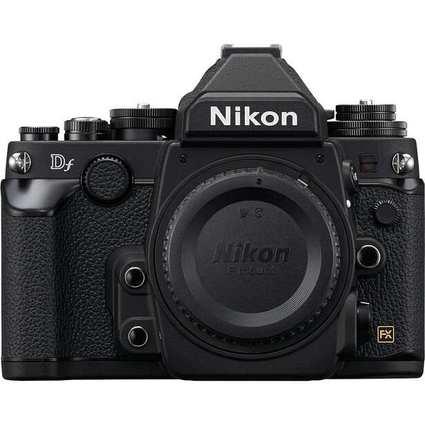 Nikon Df full-frame DSLR camera body shown from front, displaying pentaprism viewfinder and shutter release.