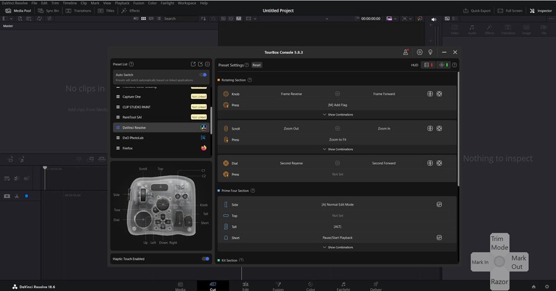 Screenshot of video editing software showing audio mixing controls and a wireless controller device.