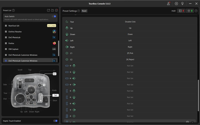 Screenshot of Taranis Console software showing controller configuration interface with input mapping panel and gamepad diagram.