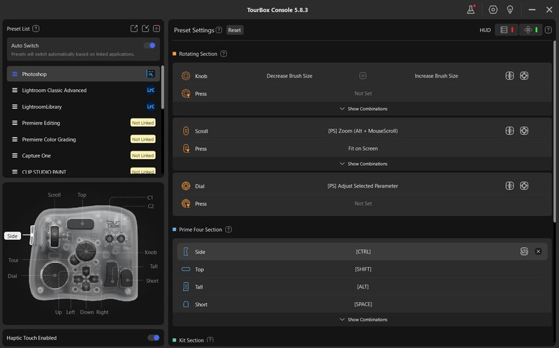 Screenshot of Tarabox Console software showing brush settings and control mappings for a graphics tablet.