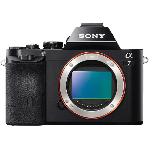 Sony Alpha 7 mirrorless camera body with lens mount exposed, shown against white background.
