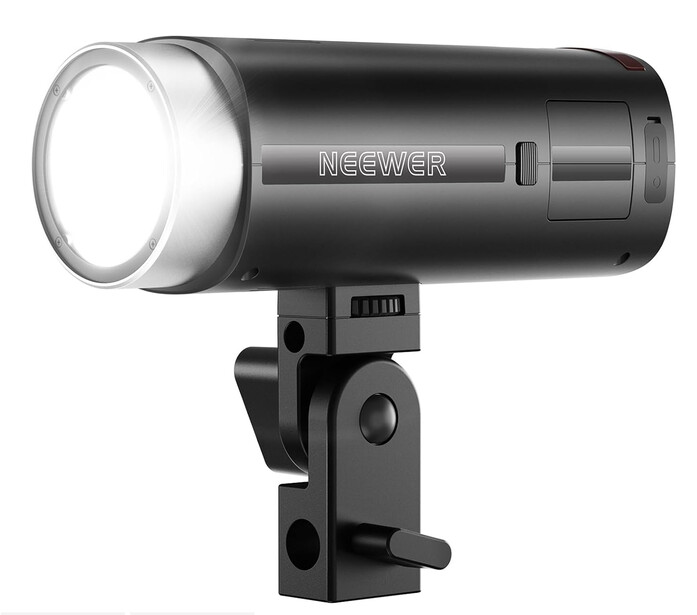 Neewer studio flash unit mounted on a black ball head bracket against a white background.