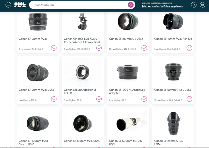 Screenshot of a camera lens marketplace displaying twelve Canon lenses with prices and specifications.