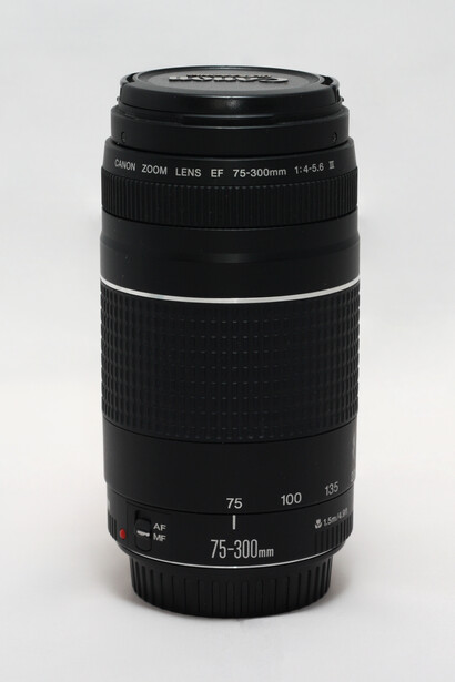 Black telephoto zoom lens with barrel markings showing focal length range and aperture specifications.