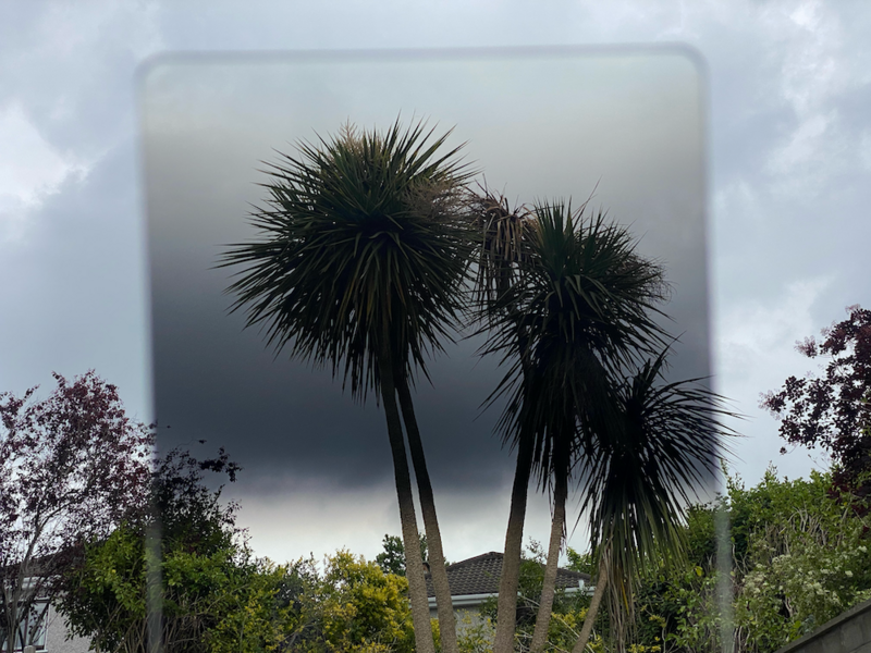 Two tall palm trees silhouetted against a dramatic overcast sky, framed by a geometric white structure.