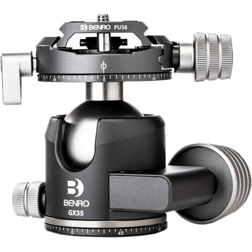Benro PU56 ball head tripod with dual control knobs on black spherical base.