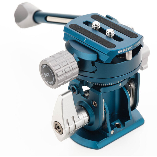 Blue fluid head tripod mount with ergonomic handles and adjustment knobs shown from the side.