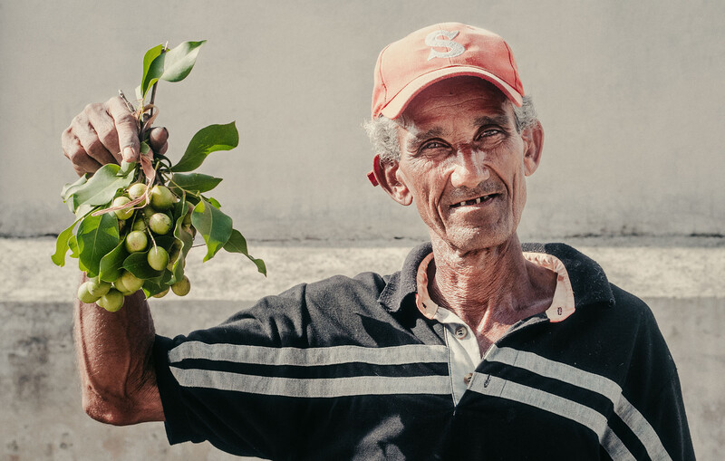 An older man in a striped shirt and cap holds up a branch of green fruit against a waterside backdrop.
