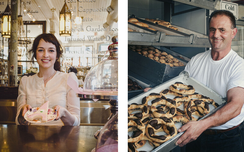 Side-by-side portraits of a woman in a bakery and a man in a commercial kitchen holding baked goods.